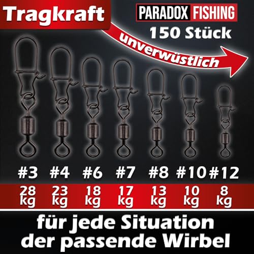 Paradox Fishing Duo-Lock Angel Wirbel Set I enthält Größen #3-#8 150 Stück I Wirbel Angeln Wirbel Angel-Zubehör Set Wirbelsortiment Angelwirbel mit Karabiner (Premium Wirbel Set 150 Stück)
