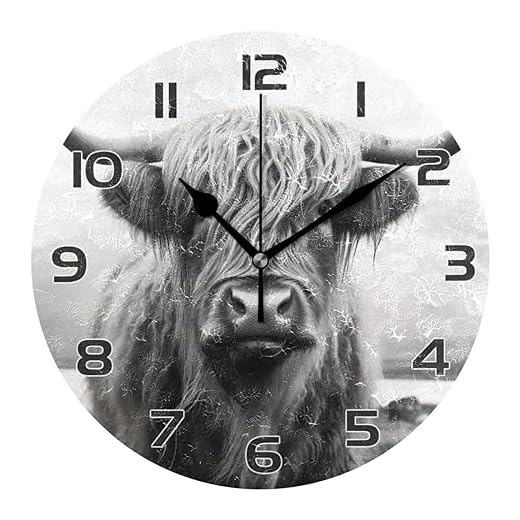 Qilmy Highland Cow Clock Silent Round Wall Clock Non Ticking Battery Device Clocks Creative Decoration Wall Clock for Living Room Bedroom Office Kitchen