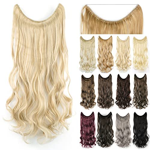 IMISSU 22'' 26'' Long Body Wavy Hair Extensions Fish Line Hairpiece Synthetic Invisible Secret Wire Headwear Flip Curly Hair Extension Pieces (26 Inch,Beach Blonde)