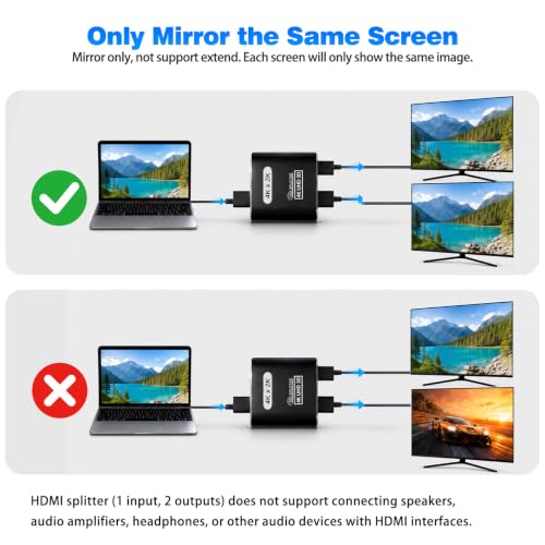 HDMI Splitter 1 in 2 out - 4K Rozdzielacz HDMI dwa monitory Obsługuje HDTV Laptop PC - Tylko lustro