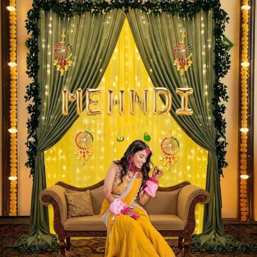 Image of Shimmers Mehndi Decoration Kit 15 Pcs Set, Mehndi Foil Banner with Yellow Green Net Curtain, Artificial Money Plant Strings, Marigold Flowers, Ribbon for Haldi Mehendi Function Decor