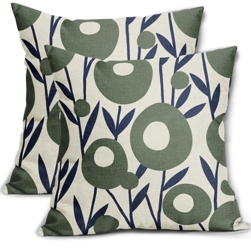 Aytipun Navy Blue Sage Green Floral Pillow Covers 18x18 Set of 2 Boho Flower Pattern Decorative Throw Pillowcases Outdoor Rustic Farmhouse Square Cushion Cases Decor for Home Couch Sofa Bed
