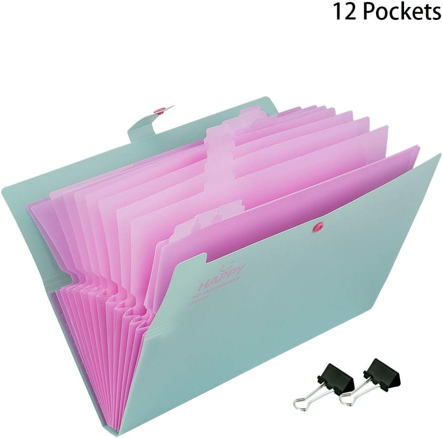 12 Pockets Expanding File Folder with 2 Pcs Binder Clips,KingBig A4 Paper Letter Size Portable Accordion Document Organizer for Business Office and School (Green Folder + 2 Clips)
