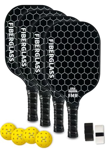 Feel my rhythm Pickleball Paddles Set of 4 with 4 Balls - USAPA Approved Fiberglass Surface, Lightweight, Non-Slip Grip - Premium Paddle Set for All Skill Levels Indoor & Outdoor (Black)