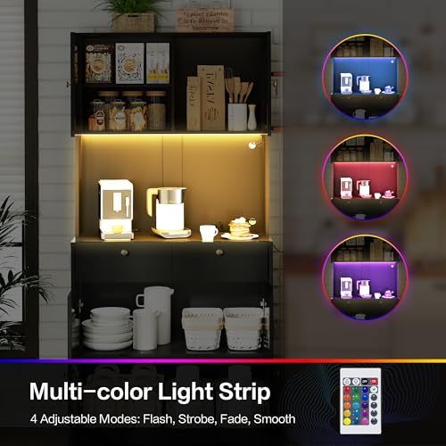 Image of 72 inch Black Kitchen Pantry Cabinet with Lights and Charging Station, Tall Hutch Storage Cabinet Coffee Bar Cabinet with Microwave Shelf for Dining Room