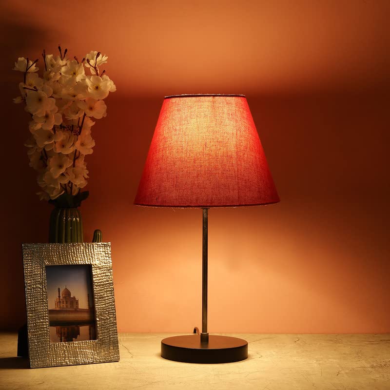 Image of Silver Table Lamp with Handmade Conical Red Texture Shade, Minimalist Design, for Couple Dinner /Coffee Table /Restaurant /Bedroom, On /Off Switch Long Wire