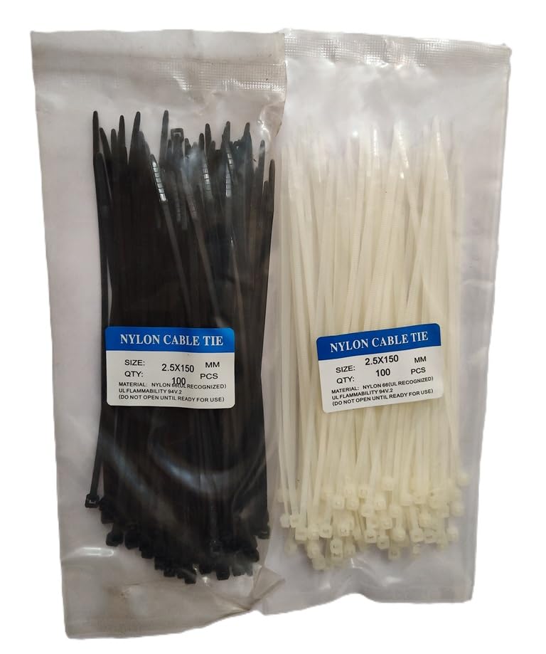 Nylon Cable Ties, Self Locking, Black and White, 2.5 x 150mm, Heavy Duty, Indoor and Outdoor Use (1 PACK -100 Pieces)-image-43