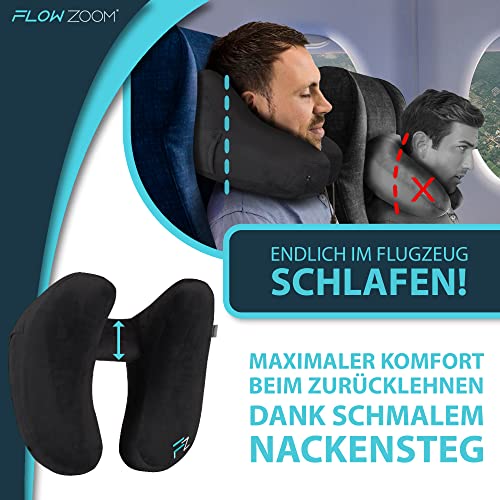Nackenkissen aufblasbar von FLOWZOOM - aufblasbares Nackenhörnchen für Reisen in Flugzeug, Auto, Zug - Schnell aufblasbar, Nacken- und Kinn-stützend mit samtweichem Bezug (schwarz) - Image 3