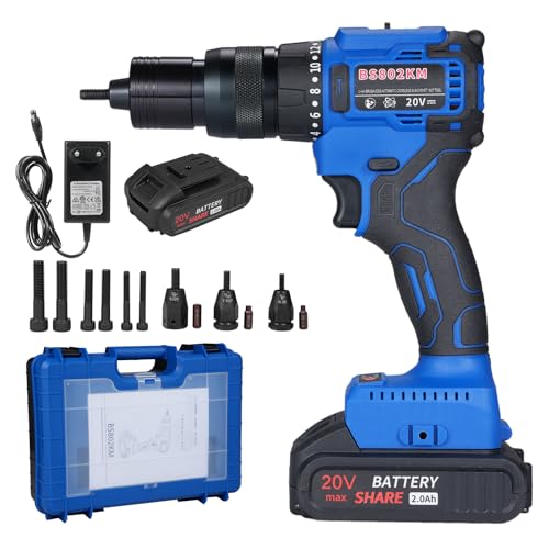HUIOP - Máquina de remachadora inalámbrica de 20 V con batería de 2,0 Ah, kit de tuercas de remache eléctrico 2 en 1 con modo de memoria y motor sin escobillas, máquina herramienta de remaches ciegos