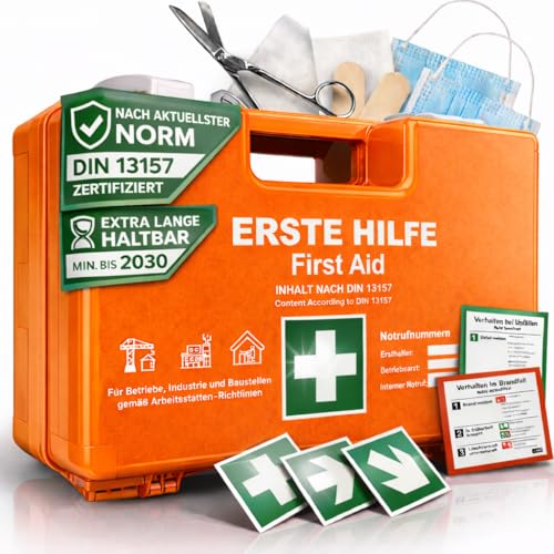 HELDENWERK® Erste Hilfe Kasten Version 2026 [DIN 13157:2021] inkl. Wandhalterung, 5x Aufkleber & Plombe – Verbandskasten für Betrieb, Gastronomie, Büro & Haushalt – Sanitätskasten - Erste Hilfe Set