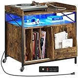 BTHFST End Table with Charging Station, Record Player Stand with LED Lights,LED Nightstand with Stor