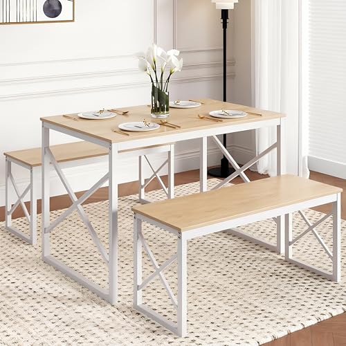 Image of VECELO 43.3 inch Kitchen Dining Table Set for 4, Heavy-Duty Steel Frame & Wood-Grain Tabletop, Space-Saving Dinette Sets with 2 Benches for Breakfast Nook and Small Space, Natural