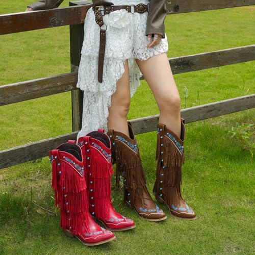 Women's Cowboy Boots with Knee High Triple Layer Fringe & Blue Gemstones | Western Fringe Cowgirl Boots | Embroidered Tassel Boots for Women2