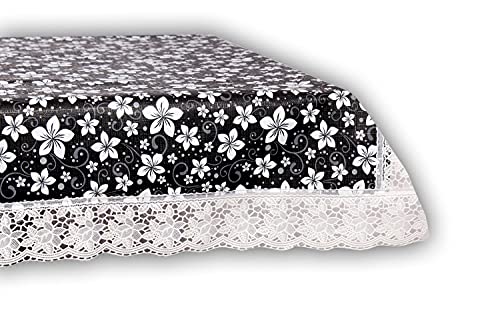 Image of The Furnishing Tree Waterproof PVC Rectangle Shaped 2 Seater Table Cover WxL 45x70 inches Floral Pattern White Black with White Border lace
