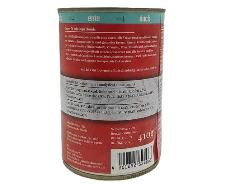 My Nassfutter Bio-Ente mit Bio Kürbis, Bio Zucchini, Bio Spinat und Bio Johannisbeeren 410g Dose mÿ Hundefutter ohne Konservierungsstoffe, künstliche Aromastoffe, Farbstoffe & Lockstoffe