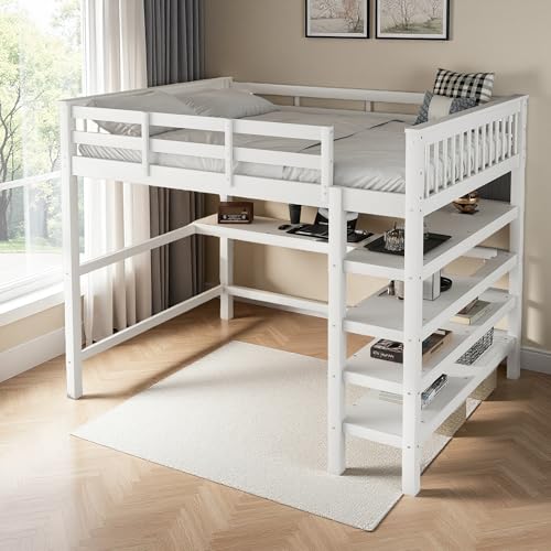 Sapgaks Lit Mezzanine Enfant avec Bureau et Support de Rangement,lit cabane Enfants 140x200,lit Mezzanine 2 Place,lit Enfant avec Garde-Corps Haut,Blanc