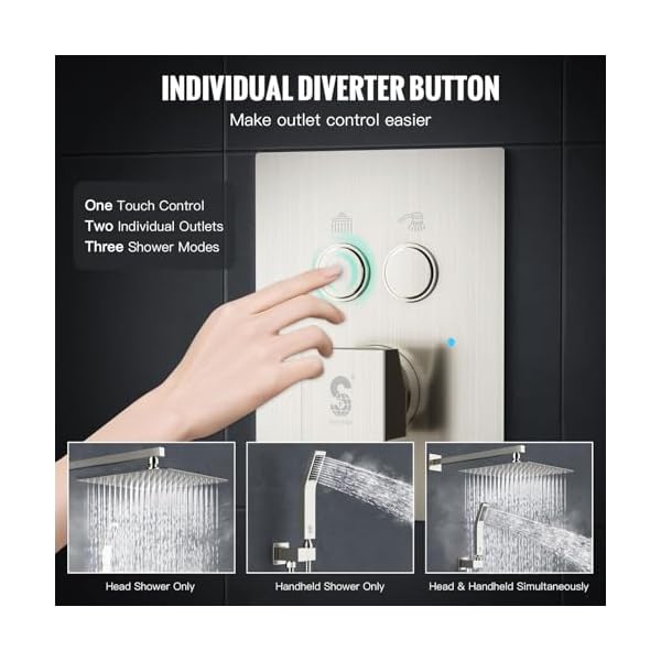 Sr sun rise shower system with push button diverter wall mounting luxury 10 inch rain shower head with handheld spray high pressure shower faucet combo set with rough in valve brushed nickel  urban country home decor
