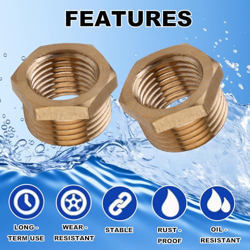 Image of 2pcs 3 /8 Inch Male to 1 /4 Inch NPT Female Reducer Hex Bushing, Brass Reducing Hex Bushing Heavy Duty Threaded Pipe Fitting Coupler Adapter for Plumbing Water Line Gas Hydraulic Systems