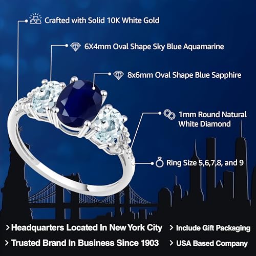 Gem Stone King 2.70 Cttw 10K White Gold Oval Blue Sapphire Sky Blue Aquamarine and Diamond Accent 3-Stone Engagement Ring | 3 Stone Wedding Anniversary Promise Ring For Women2