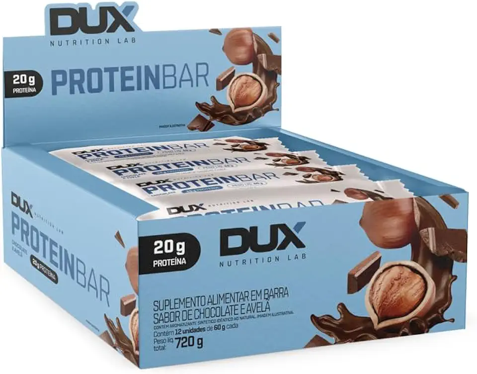 DUX HUMAN HEALTH Protein Bar 12 Unidades Sabor Chocolate e Avelã – Barra Proteica Sem Glúten e Sem Lactose, Fonte de Proteínas e Fibras