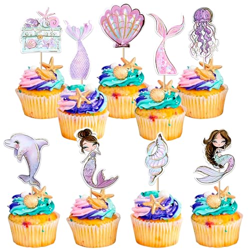 Rsstarxi XM865 36 Pack Mermaid Cupcake Toppers Under The Sea Party Decorations Shell Jellyfish Cupcake Picks Mermaid Cake Decorations cover