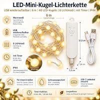 ENLACE Aufladbare Lichterkette mit Timer, 6M 40 LED Kugel Lichterkette – Ansicht 2