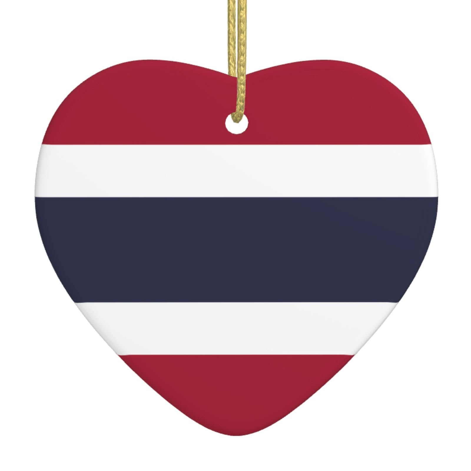 Thailand Flag Ceramic Christmas Heart Pendant with Silk Thread, Christmas Tree Home Decoration