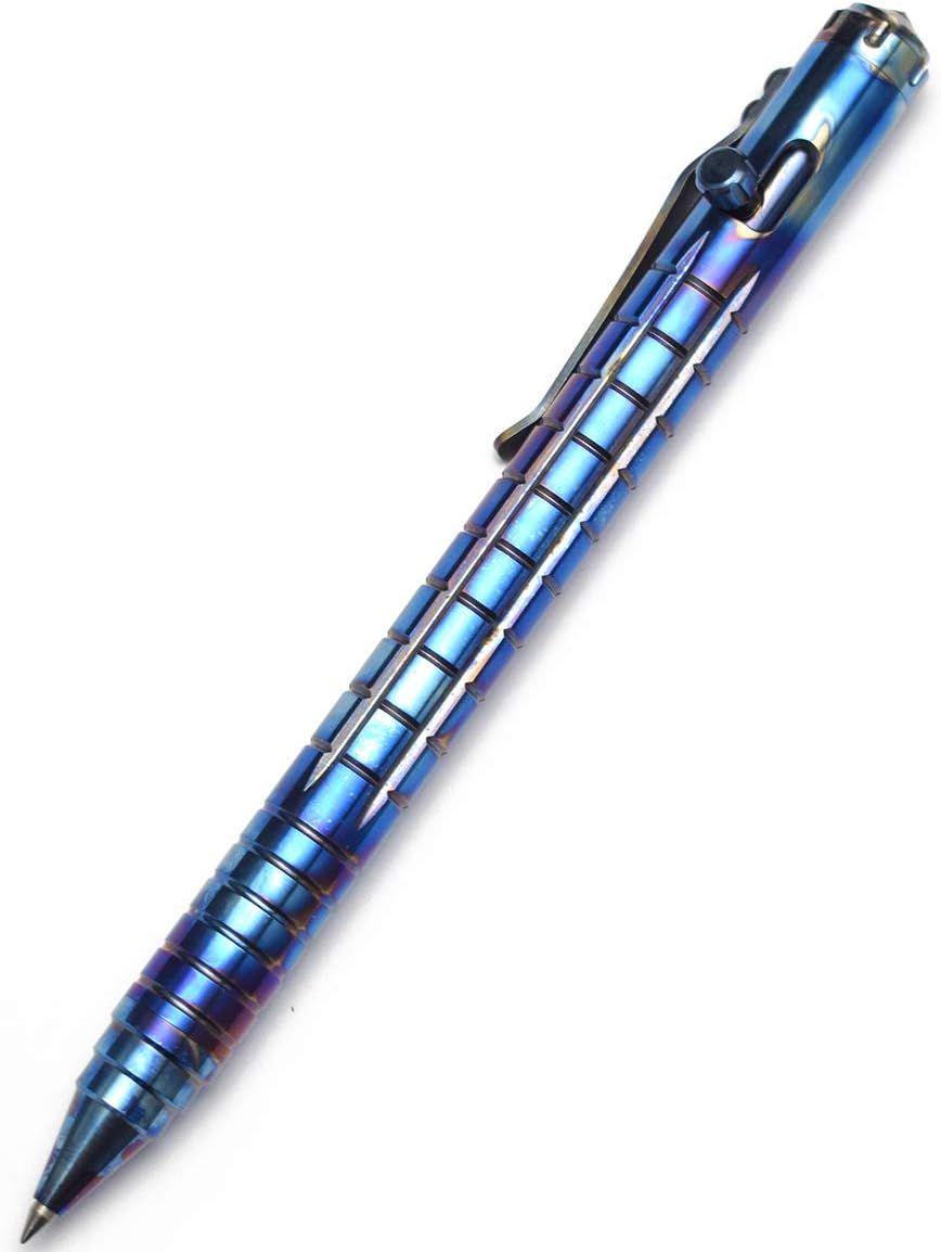 Titanium Bolt Action Pen Titanium Tactical Survival Pen Writing Pen Emergency Glass Breaker Function with G2 Refill and Pouch(Blue)