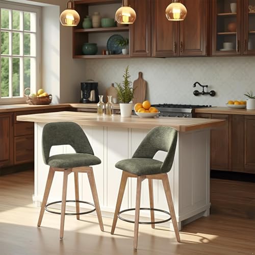 Image of Zesthouse Swivel Farmhouse Bar Stools Set of 4, 26 inch Modern Counter Stools with Open Back & Natural Wood Legs, Upholstered Linen Fabric Counter Height Barstools, High Chairs for Island Kitchen, Green