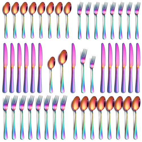Image of PHILIPALA 40 Piece Rainbow Silverware Set, Stainless Steel Flatware Set for 8 Colorful Novelty Flatware Cutlery Utensil Set Include Knife Fork Spoon Food Grade Mirror Polished Dishwasher Safe