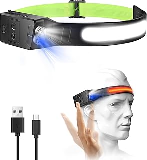 Head Torch Rechargeable – 2023 Upgrade Design 230 Degree 6 Modes + Motion Sensor Headlamp, Widen View LED Head Torch (Blue & Red Light Mode) Hands-Free for Running Cycling Hiking IPX4