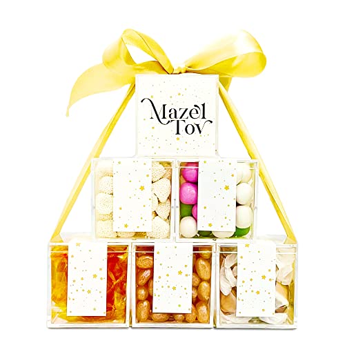 Candy Squared Mazel Tov Gift Tower - Curated Sweet Snack Box – Kosher Treats For Best Wishes - Presents For Wedding & Bar Bat Mitzvahs - Family Care Package - For Boys Girls Men Women Mom Dad Him Her #TOP22