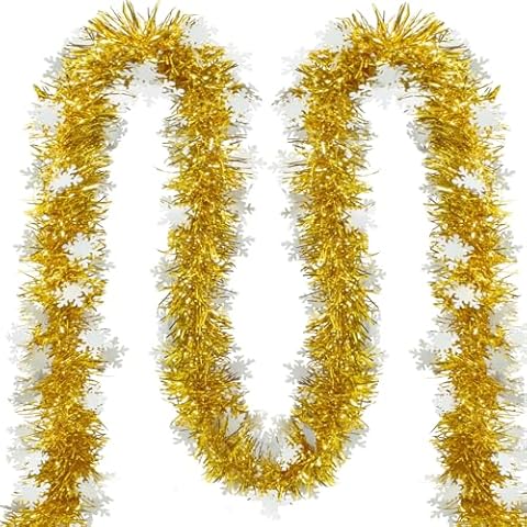 Super Holiday Christmas Winter Tinsel Twist Garland, 33FT Artifical Snowflakes Garland for Christmas Tree Decorations, for Holiday Wendding Birthday Party Xmas Decor, Gold Cover