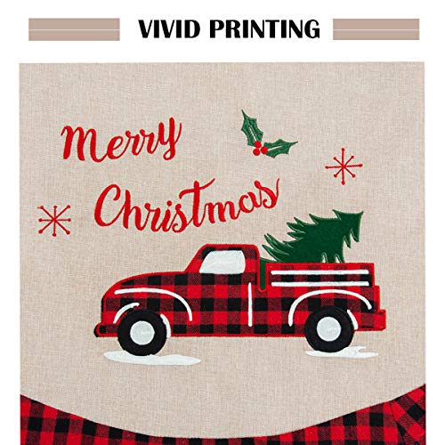 GMOEGEFT Christmas Tree Skirt Burlap with Buffalo Check Trim Rustic Truck and Tree Applique Xmas Home Decoration Ornaments (32 Inches) - Thumbnail 2