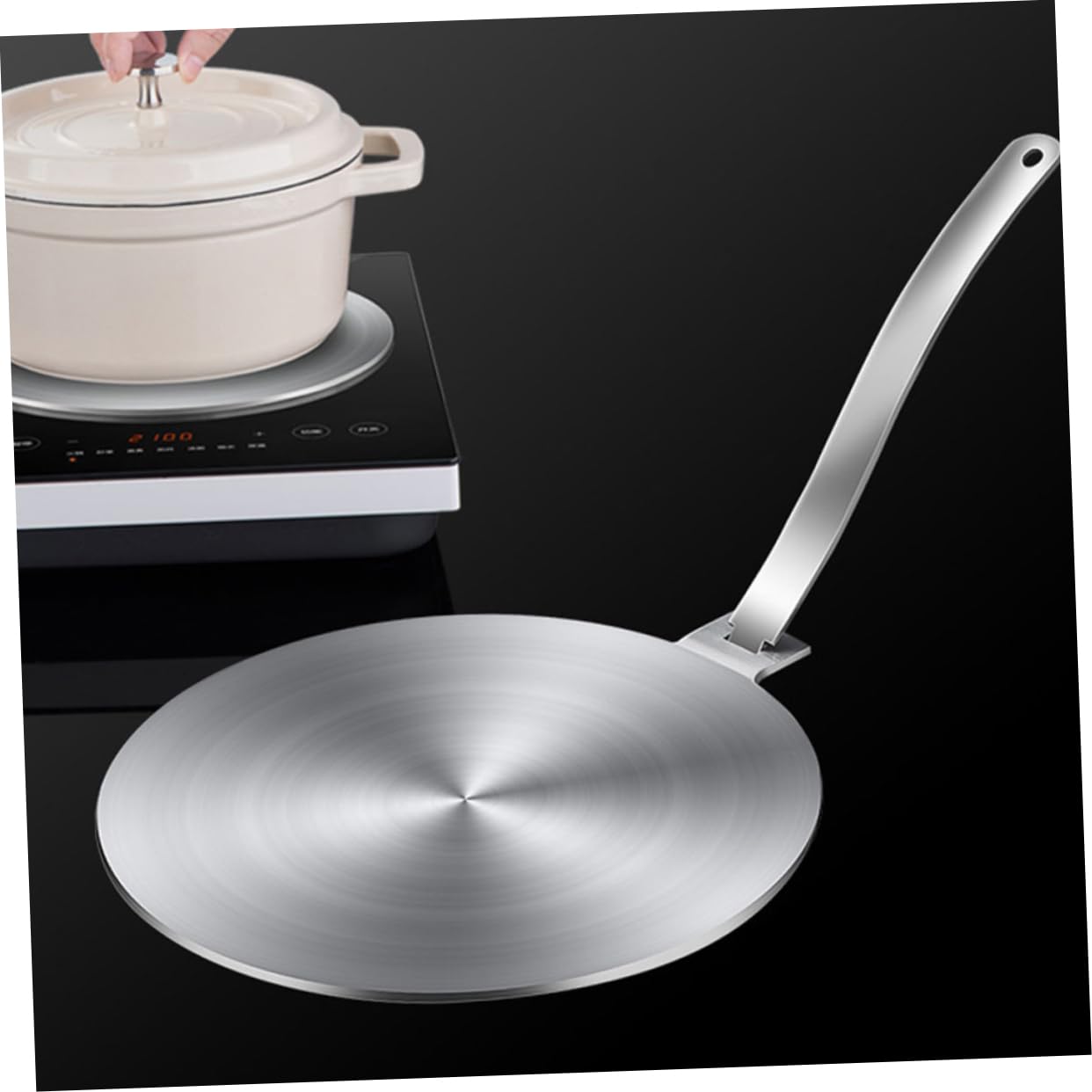 Difusor De Calor De Inoxidable para Inducción y Gas Placa Adaptadora De Cocina con Asa Desmontable Distribución Uniforme De Calor Compatible con Utensilios De Cocina
