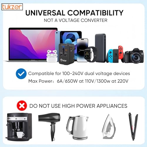 Image of Tukzer Universal Travel Adapter with 20W Type C PD & 18W USB-A Output Port, Universal Plug Socket, All in One International Travel Fast Charging Adapter for Laptop /MacBook & Mobile Charging- Black
