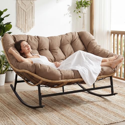 Image of NICESOUL Double Large Papasan Chair Outdoor, Oversized 2 Person Egg Rocking Chair with Cushions, 700 lbs Heavy-Duty Wicker Loveseat Recliner Glider for Outdoor & Indoor Patio, Balcony & Garden, Brown