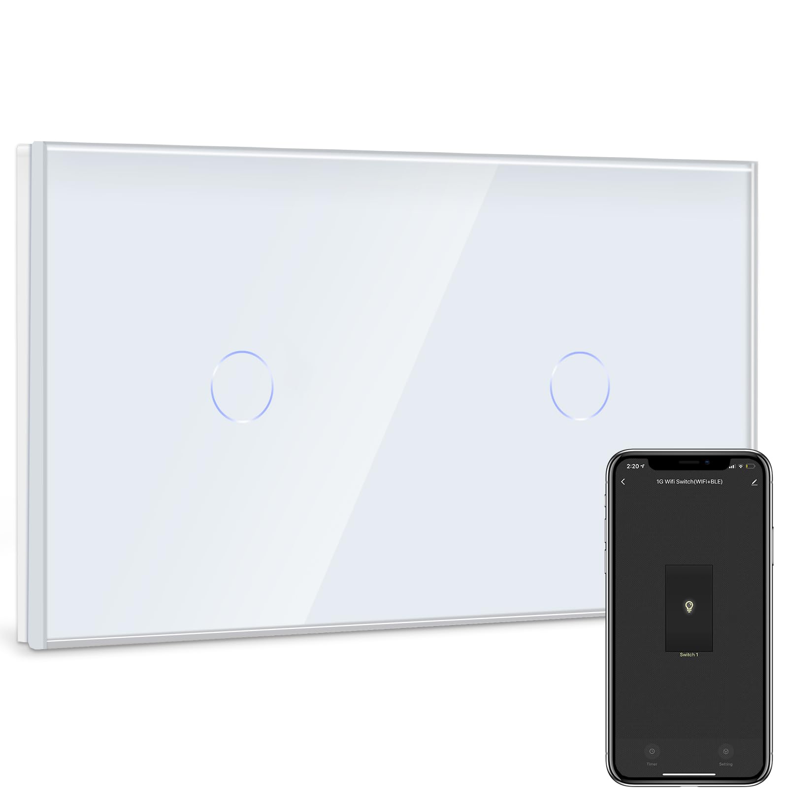 BSEED Interruptor de Pared WIFI,Interruptor Inteligente 1 Gang 1 Via+1 Gang 1 Via,Compatible con Alexa,Google Home,Control de APP y Función de Temporizador,Pantalla Táctil Blanco【Se necesita Neutro】