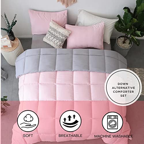 Kasentex All Season Down Alternative Quilted Comforter Set Reversible Ultra Soft Duvet Insert Machine Washable (Twin Set, Pink Potpourri/Quartz Silver) #TOP2