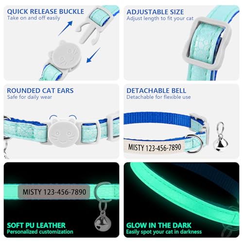 Individuelles im Dunkeln leuchtendes Katzenhalsband – Personalisiertes Katzen-ID-Halsband mit Name & Telefonnummer, Leuchtendes verstellbares Halsband mit Schnellverschluss für Haustiere