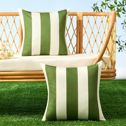 Image of Allorry Outdoor Pillow Covers 16x16 Set of 2 Olive Green Striped Decoration Throw Pillow Covers for Spring Summer Outdoor Waterproof Garden Patio Furniture Sofa Bed Home Decor JB007-B16