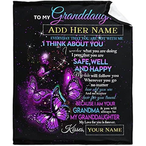 Vajrapani Custom Blanket with Name to My Granddaughter from Grandma Butterfly Personalized Text Customized Throw for Kid Girl Adult Birthday Christmas Halloween New Year Large 80 x 60 Inch Cover
