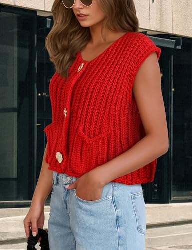 Image of Womens Cropped Sweater Vest Sleeveless Chunky Kint Cardigan Top Casual Warm Button Down Crop Tops with Pockets