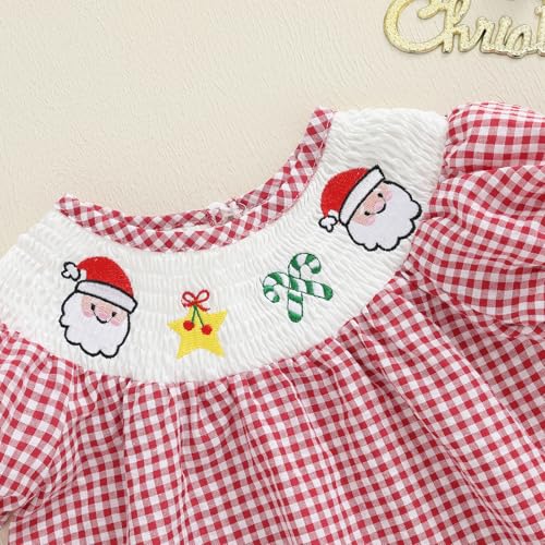 Toddler Baby Girl Christmas Dress Santa Embroidery Plaid Print Puff Sleeve Smocked Dresses Kids Christmas Clothes3