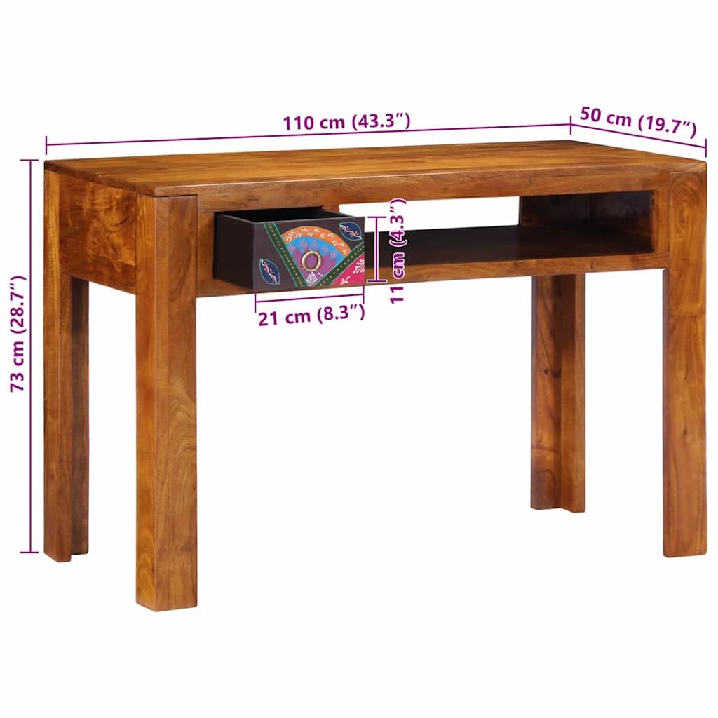 Biurko z szufladami z drewna akacjowego, brązowe, 110 x 50 x 73 cm, kompaktowy stół roboczy do biura, gabinetu domowego, gabinetu, z miejscem do przechowywania i solidną konstrukcją
