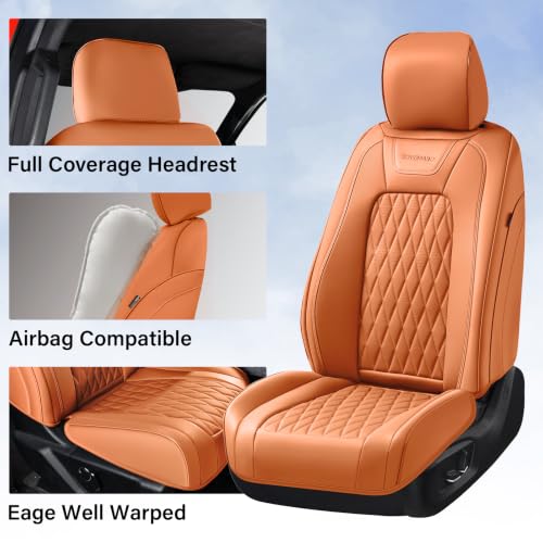 Image of Coverado Premium Leather Full Set Seat Covers Waterproof Heavy-Duty Protectors Custom Fit for Ford F150 (2015-2026) F250 /F350 /F450 (2017-2026)-Orange, Stain-Resistant