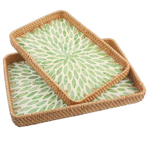 YiYa 2 Stück Rechteckiges Tablett aus Rattan Dekotablett und Serviertablett mit Muschel Mosaik Rattan Serviertablett für Kaffee, Brot, Obst Dekotablett YiYa 2 Stück Rechteckiges Tablett aus Rattan Dekotablett und Serviertablett mit Muschel Mosaik Rattan Serviertablett für Kaffee, Brot, Obst Dekotablett