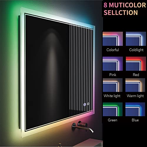 Okpal 48X32 Inch Rgb Led Bathroom Mirror With Backlit Light, Anti-Fog, Dimmable, Multicolor Light, Memory Function, Smart Touch, Shatterproof Glass, Bathroom Vanity Mirror Mounted For Wall #TOP2