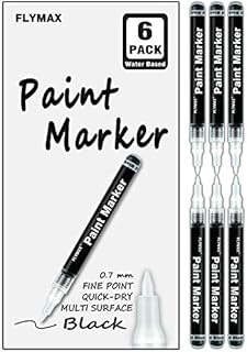 FLYMAX Black Acrylic Paint Pen, 6 Pack 0.7mm Acrylic Black Permanent Marker Black Paint Pen for Glass Ceramic Rock Leather Plastic Stone Metal Canvas Enamel Marker Waterproof Writing Extra Fine Point