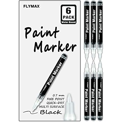 FLYMAX Black Paint Pen, 6 Pack 0.7mm Acrylic Black Permanent Marker for Glass Ceramic Rock Leather Plastic Stone Metal Canvas Enamel Waterproof Writing Extra Fine Point Cover